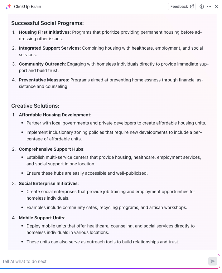 Use ClickUp Brain to find out more about existing social initiatives and brainstorm new ones